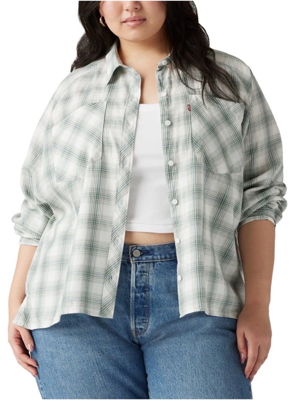 Levi's White and Green Plaid 100% Cotton Button-Front Shirt